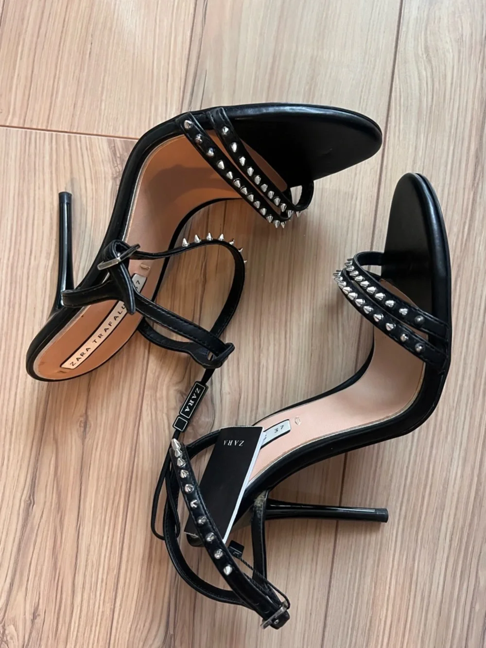 NWT ZARA Black Studded High Heel Sandals - Women's Strappy Stiletto 37 - Picture 4 of 7